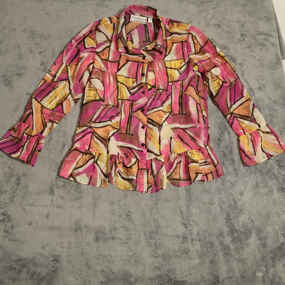 Artsy Abstract Print‎ Top Size Small Pink Button Up Femine Ruffle Retro Vibrant